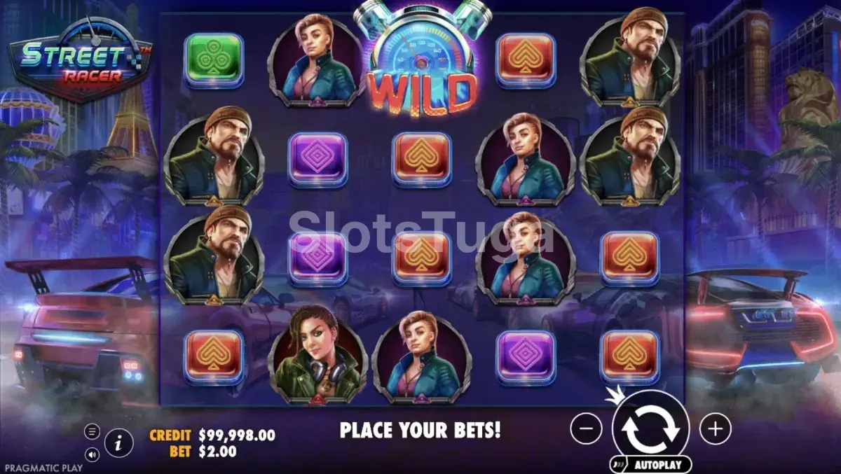 Tela principal da slot Street Racer com cenário noturno de Las Vegas