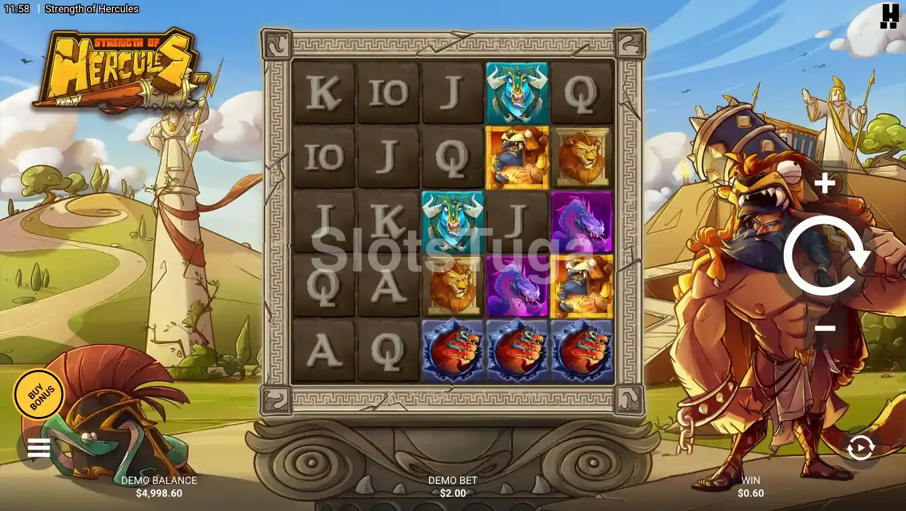 Tela principal do jogo Strength of Hercules com os rouleaux e símbolos mitológicos