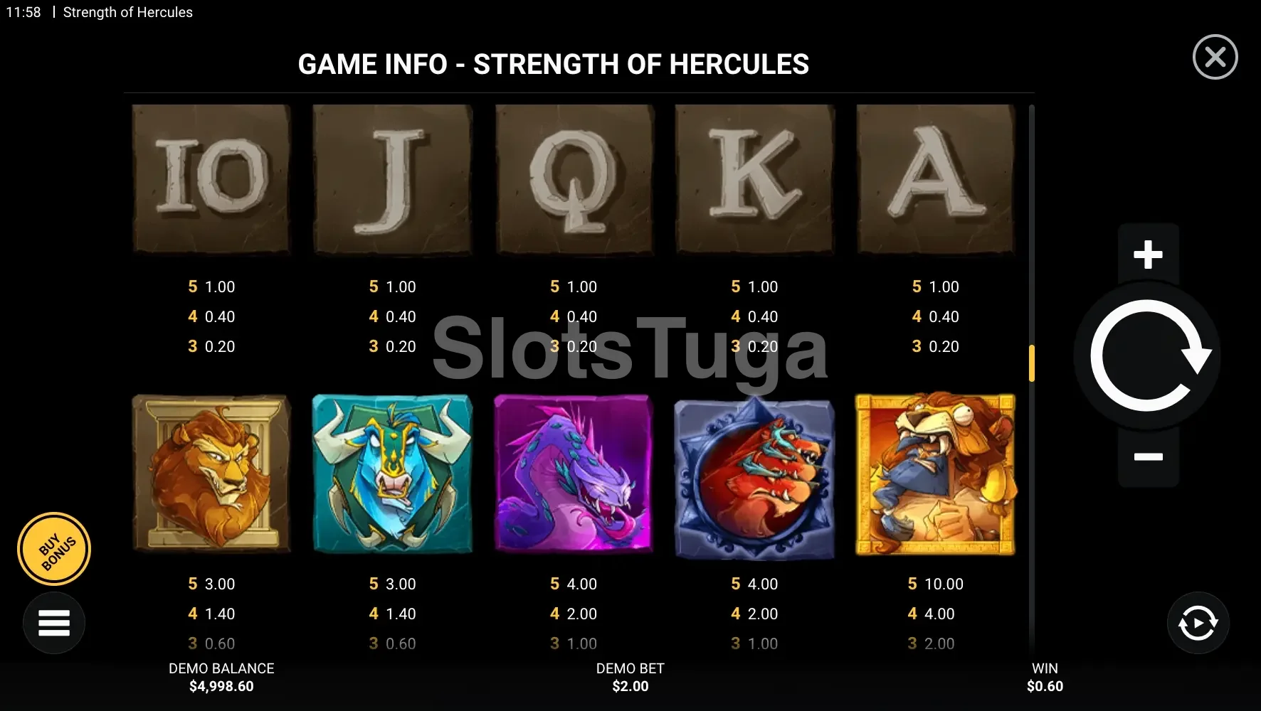 Tabela de pagamentos do Strength of Hercules com todos os símbolos e valores