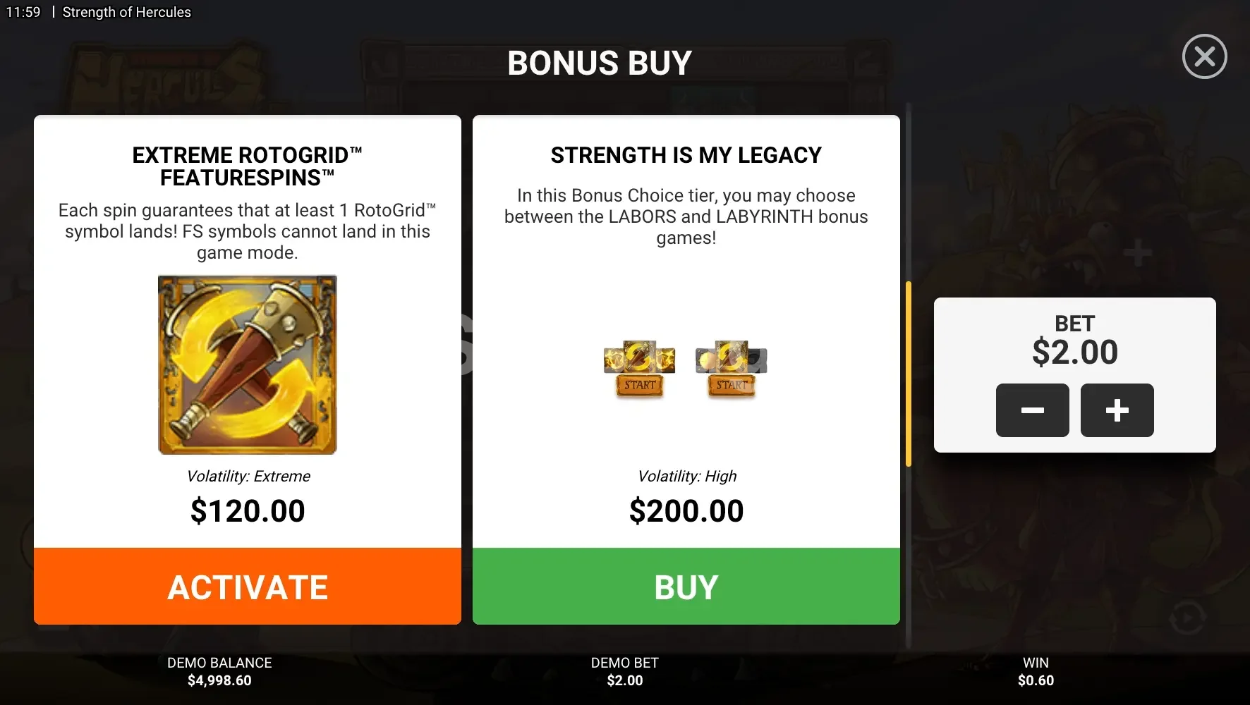 Menu de compra de bônus do Strength of Hercules com as opções disponíveis