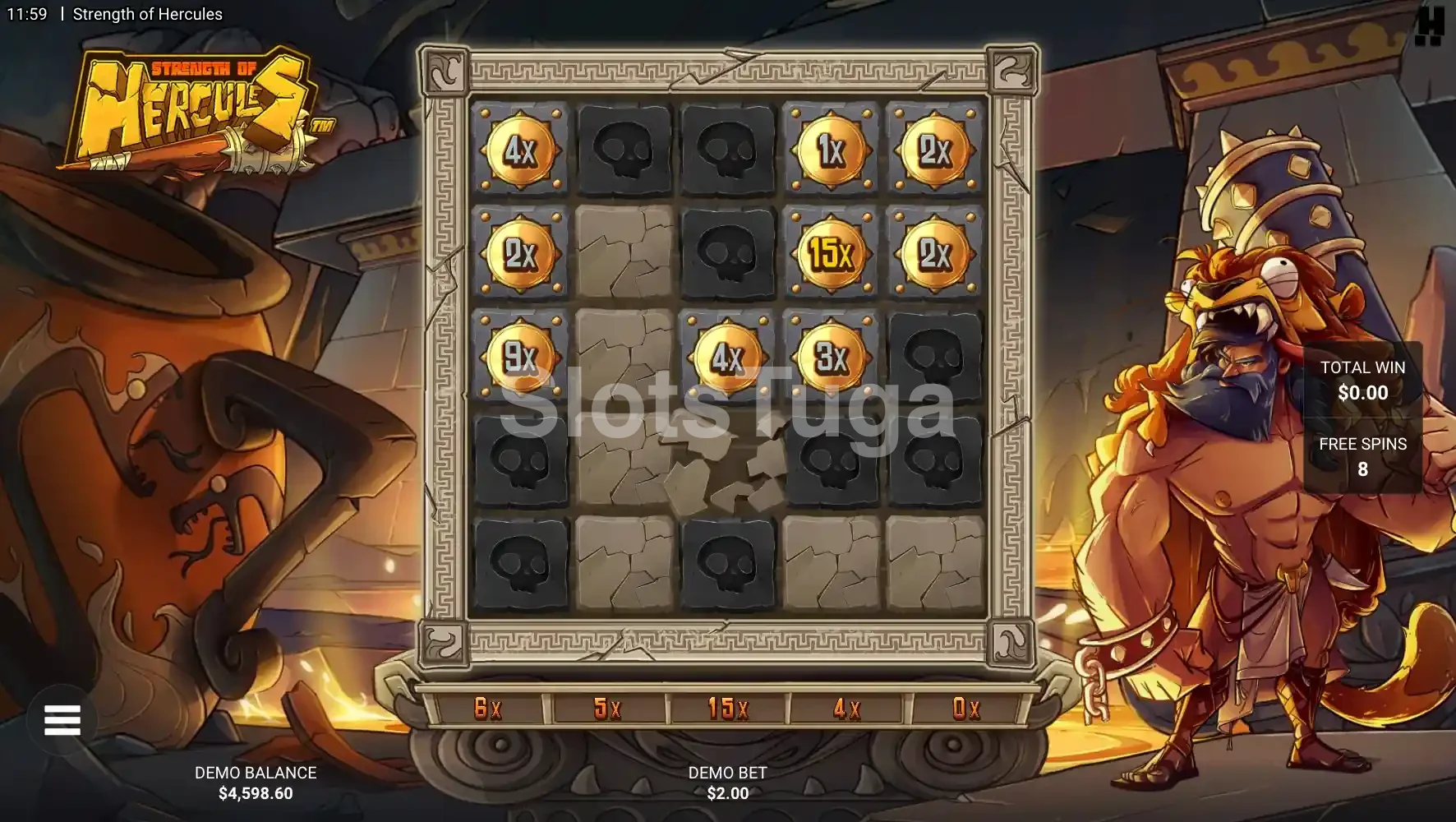 Rodada de giros grátis ativada no Strength of Hercules com multiplicadores