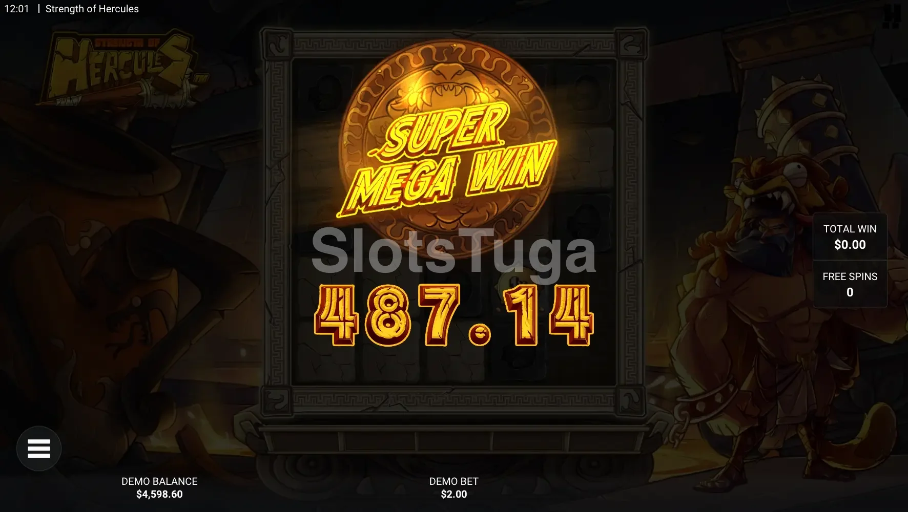Tela de grande vitória no Strength of Hercules com multiplicador máximo ativado