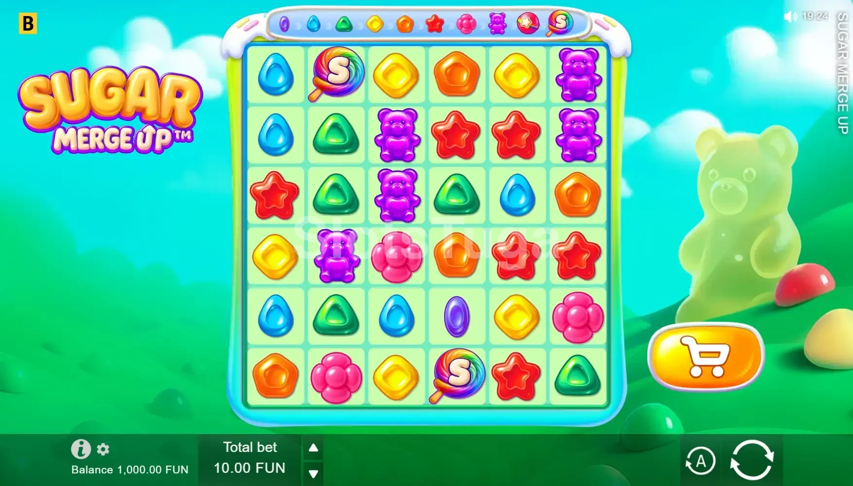 Tela principal da Sugar Merge Up com grid 6x6 colorido