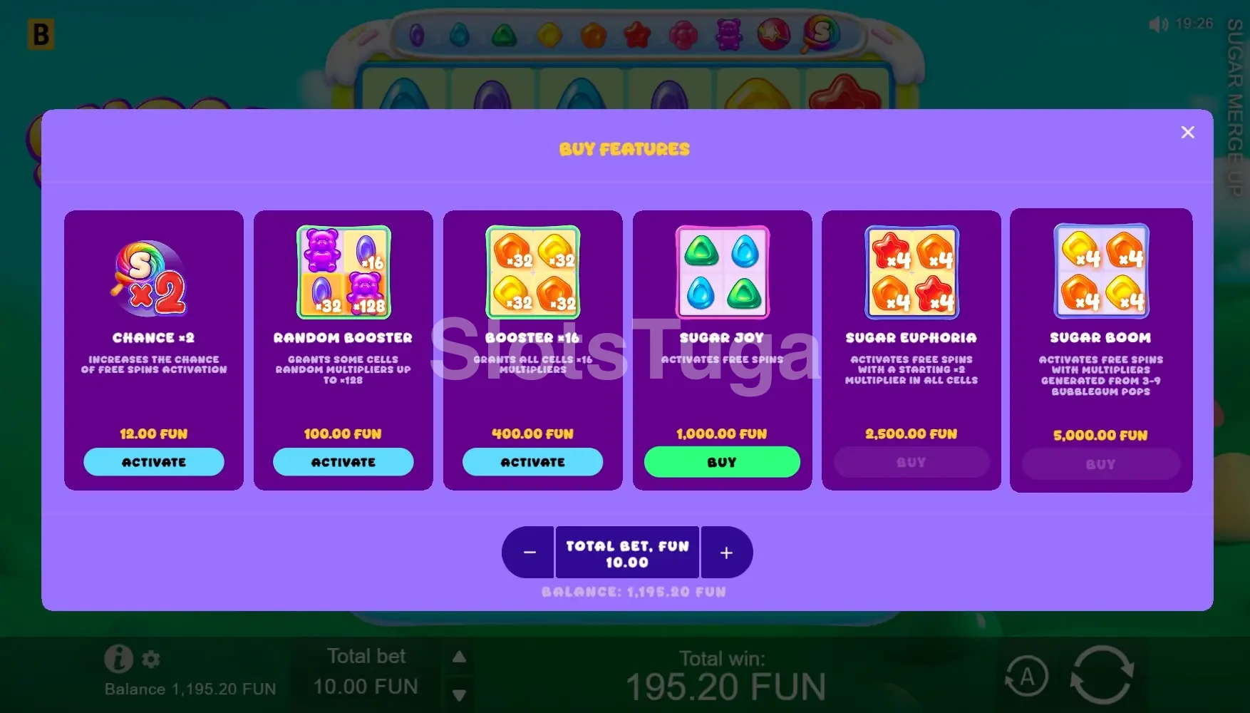 Tela de compra de bônus da Sugar Merge Up com opções disponíveis