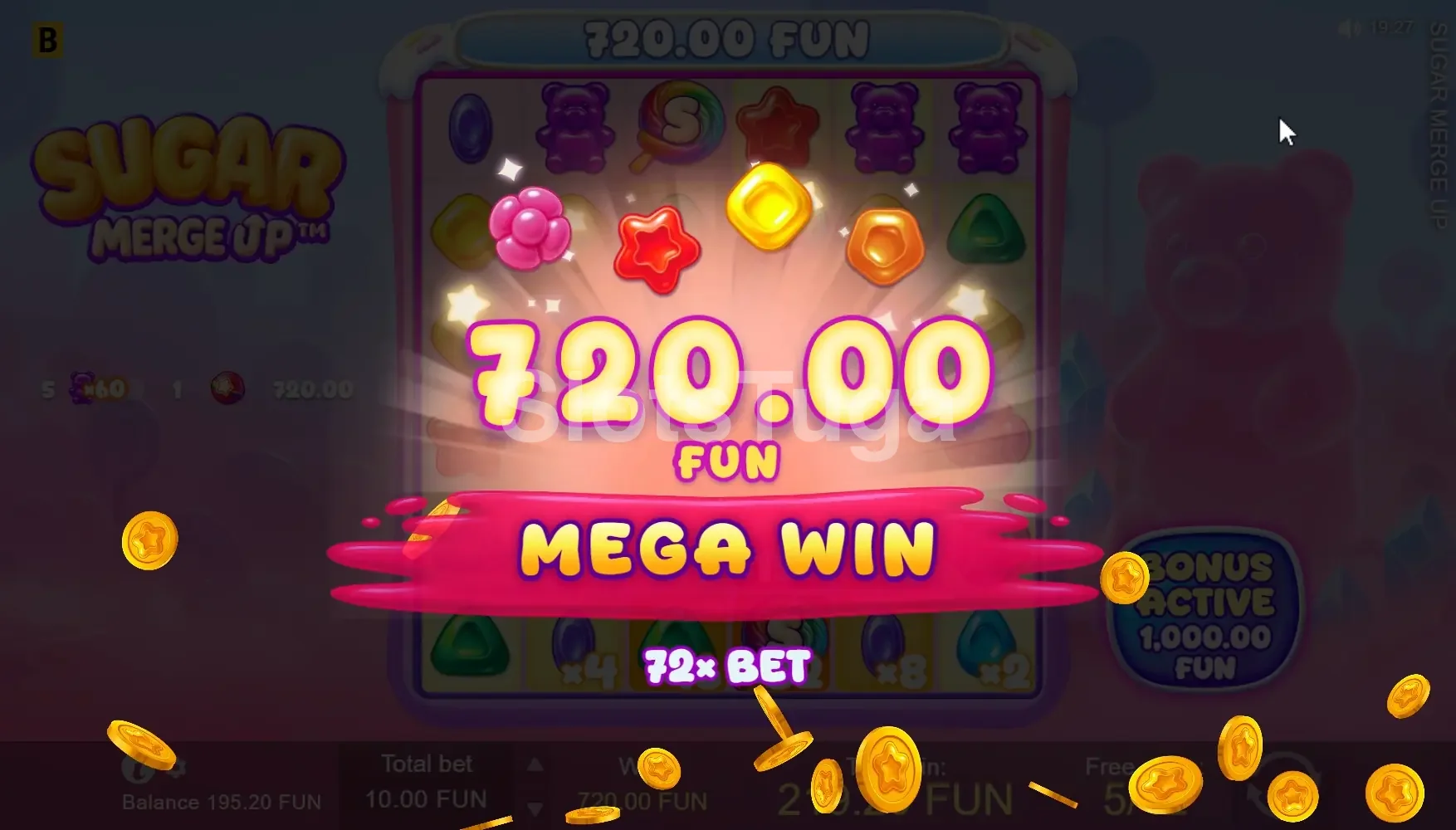 Grande vitória na Sugar Merge Up com animação de celebração na tela