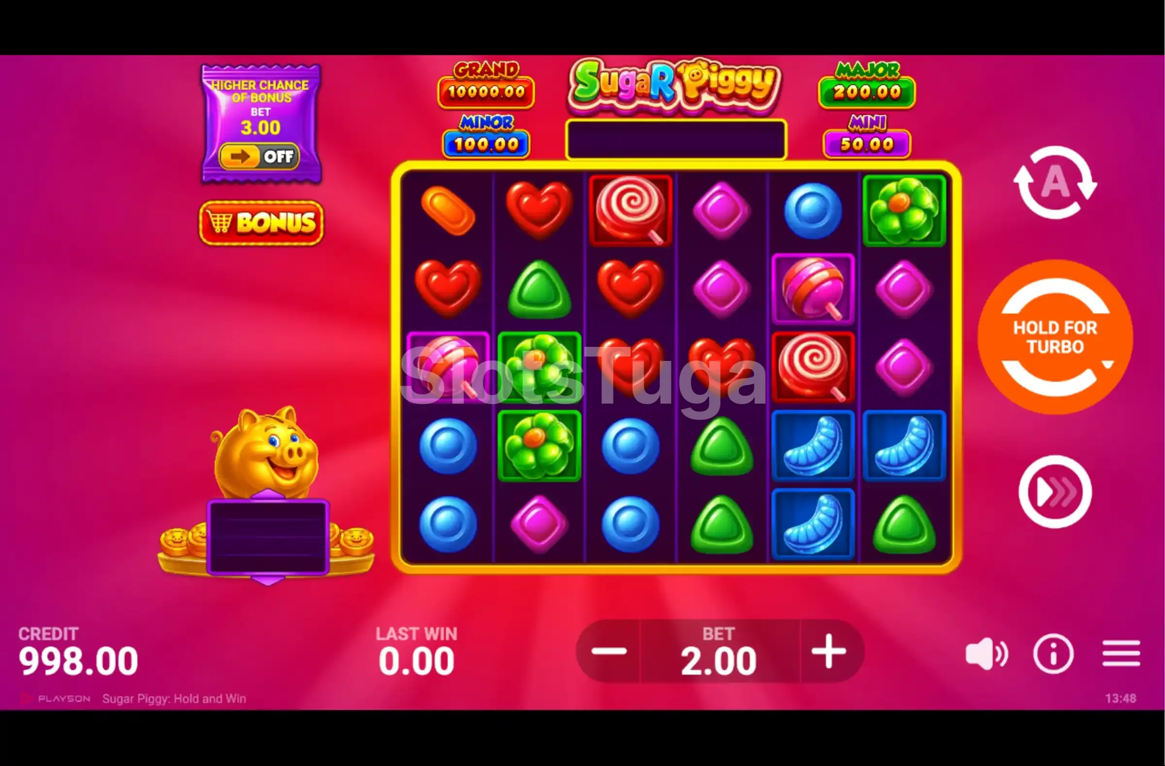 Tela principal do jogo Sugar Piggy com rouleaux e símbolos de doces