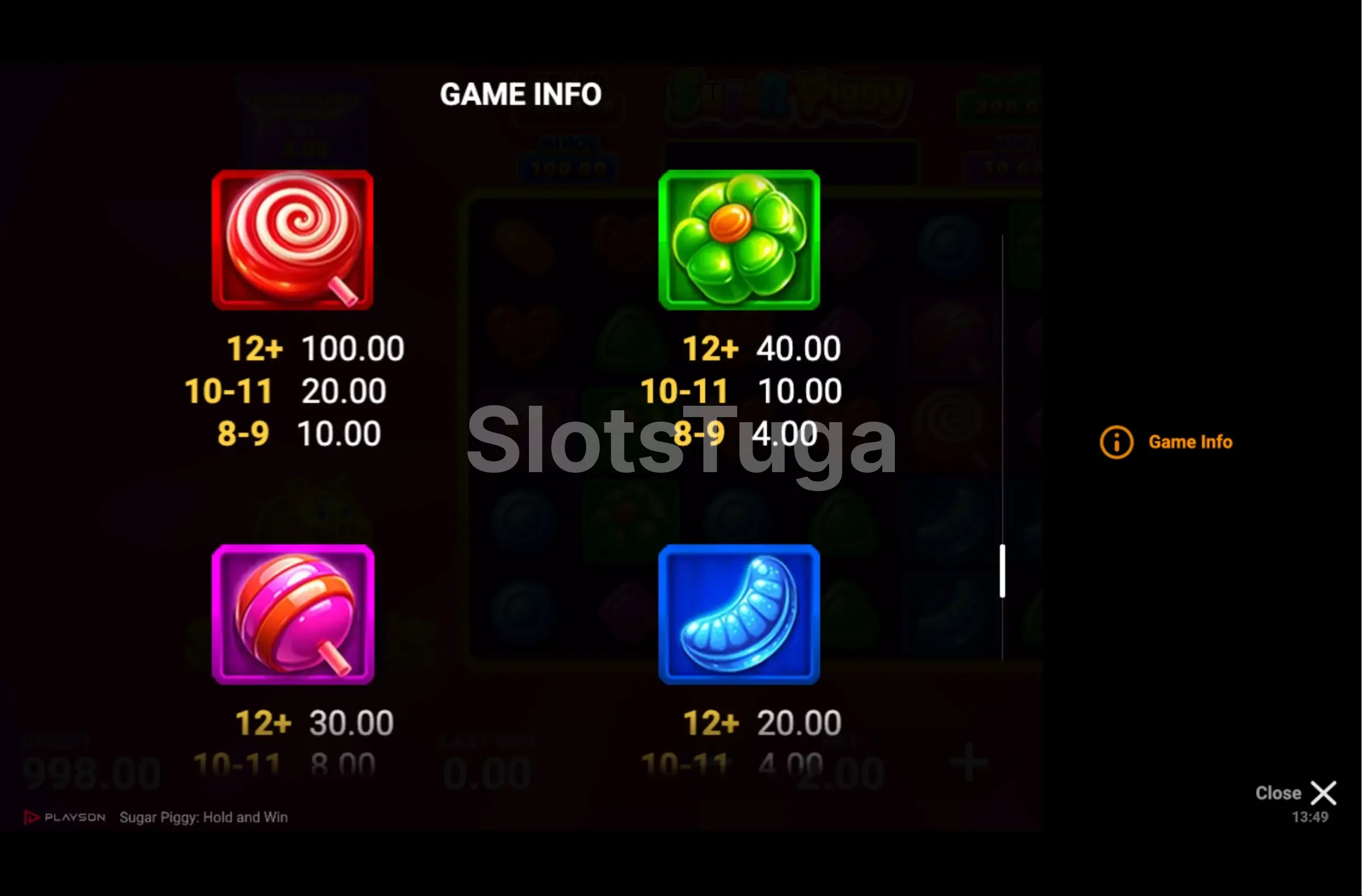 Tabela de pagamentos da slot Sugar Piggy com valores das moedas
