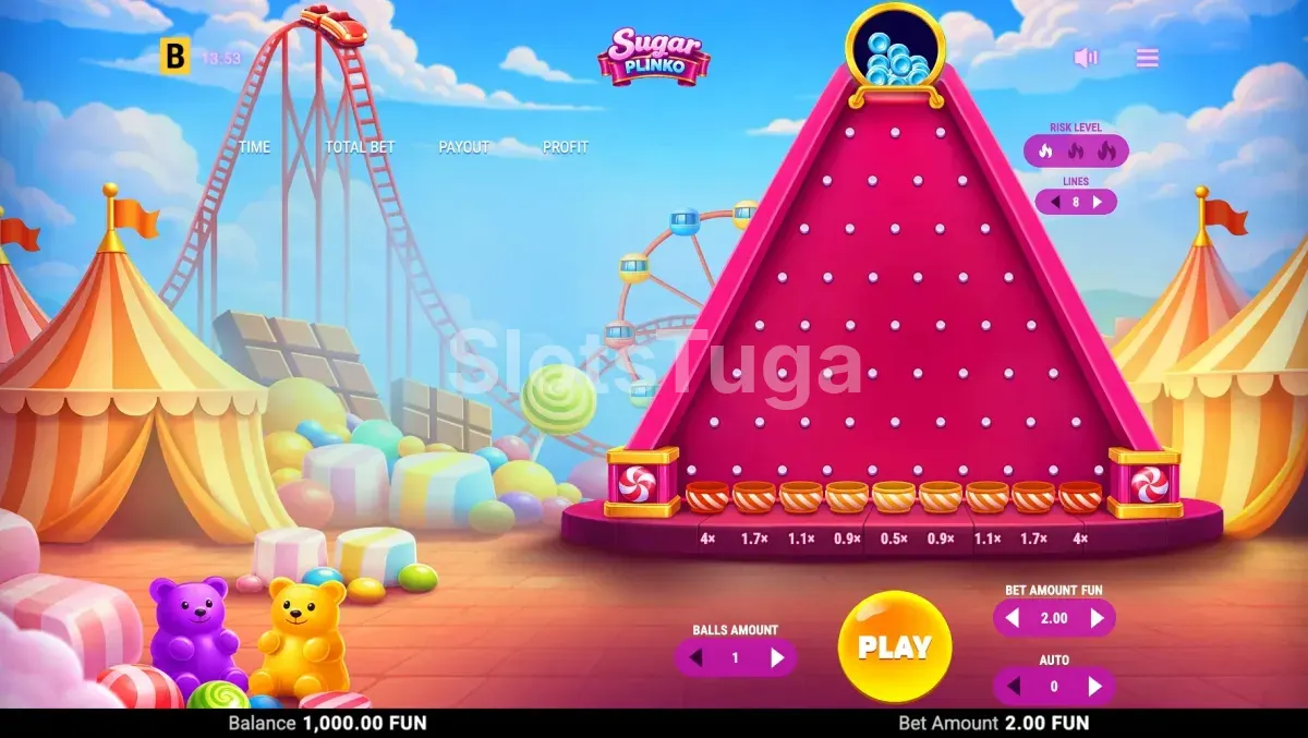 Ecrã principal de Sugar Plinko com o tabuleiro de pinos da BGaming