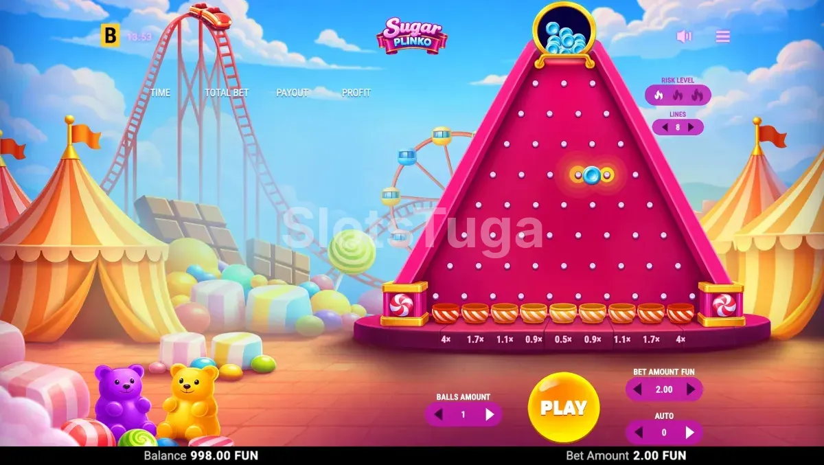 Queda da bola no tabuleiro de Sugar Plinko a caminho dos multiplicadores