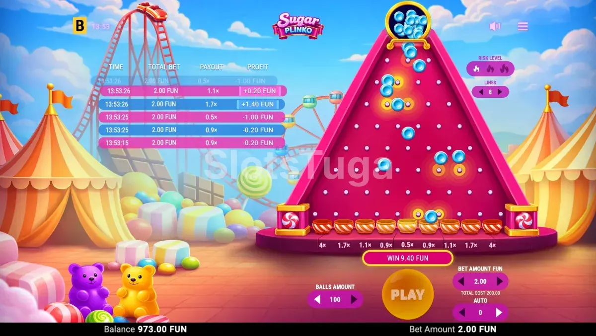 Modo automático de Sugar Plinko com várias bolas em queda simultânea