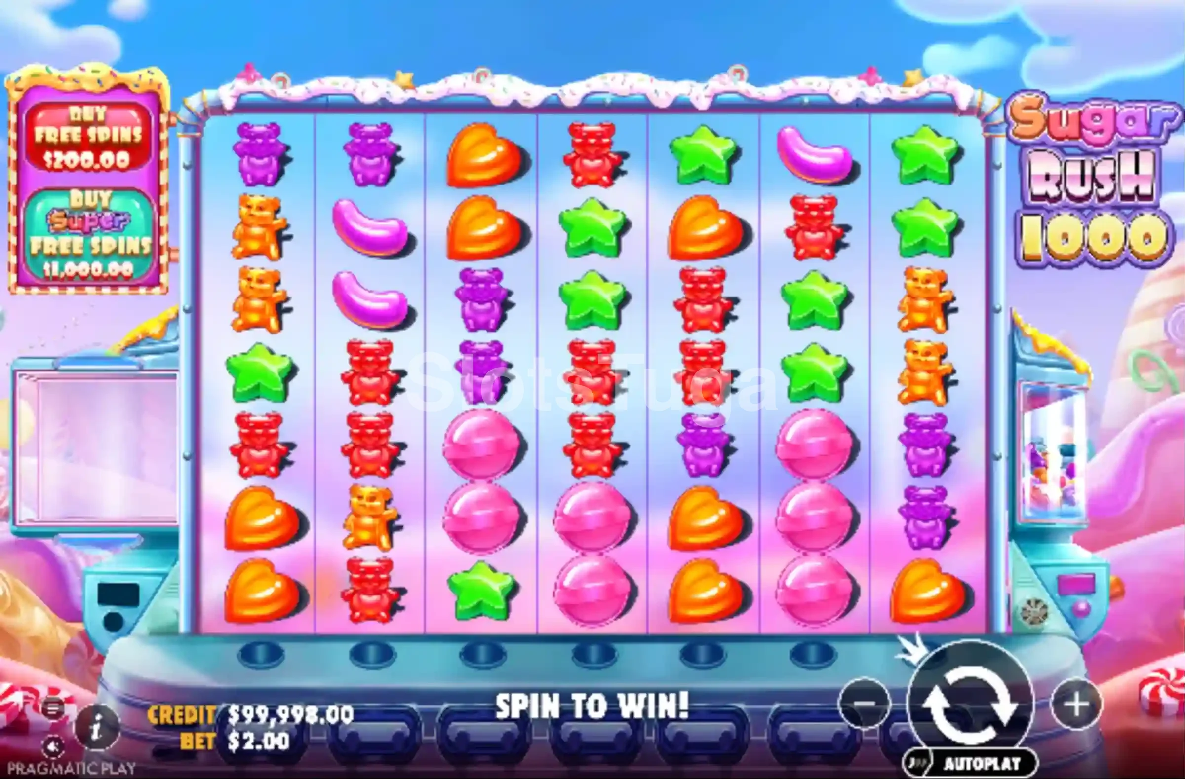 O jogo base de Sugar Rush 1000: uma grelha de sete por sete cheia de ursinhos de goma, corações laranja, estrelas verdes, feijões cor-de-rosa e chupa-chupas, sob uma cobertura de glacé, com os botões de compra de rodadas grátis e de super rodadas grátis à esquerda.