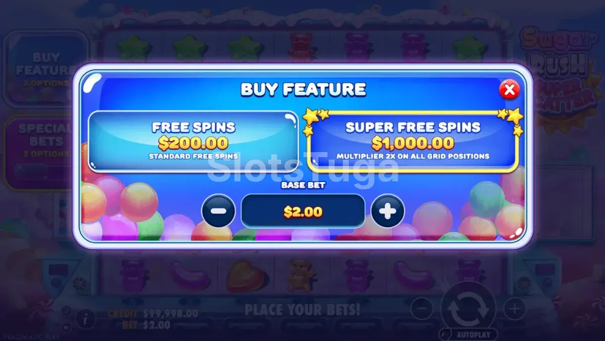 Tela de compra de bônus do Sugar Rush Super Scatter com opções disponíveis