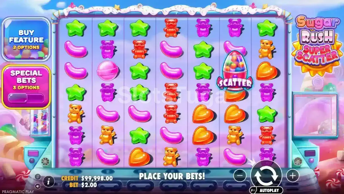 Jogo base de Sugar Rush Super Scatter, com a grelha de cascatas e os dois painéis à esquerda: compra da funcionalidade e apostas especiais.