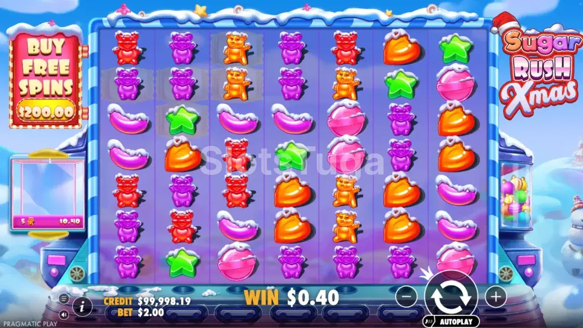 Jogo base do Sugar Rush Xmas com grid 7x7 temático de Natal