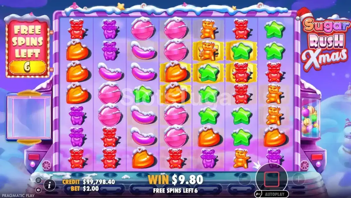 Free Spins do Sugar Rush Xmas com multiplicadores acumulados na grade