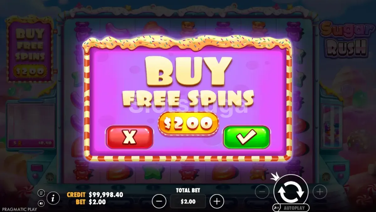 Tela de Bonus Buy do Sugar Rush com opções de compra de rodadas grátis