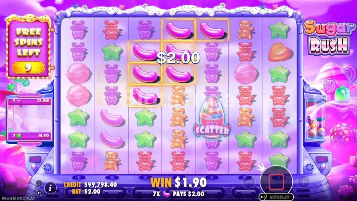 Rodadas grátis do Sugar Rush com multiplicadores acumulados na grade