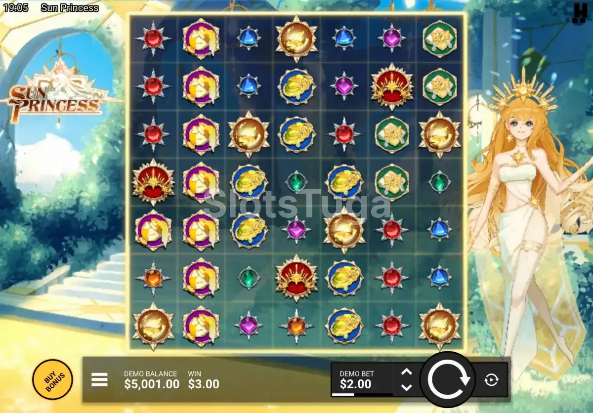 Tela inicial do jogo Sun Princess com a grade 7x7 iluminada