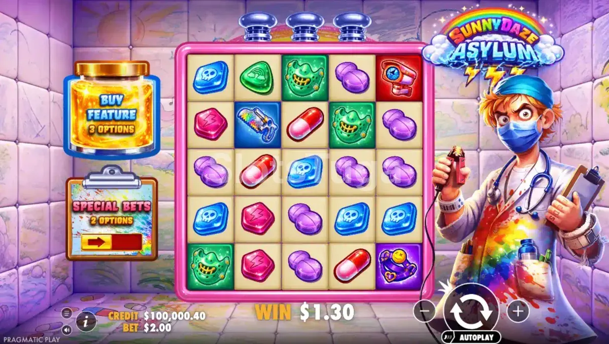 Jogo base da Sunnydaze Asylum com grade 5x5 e símbolos temáticos do hospício
