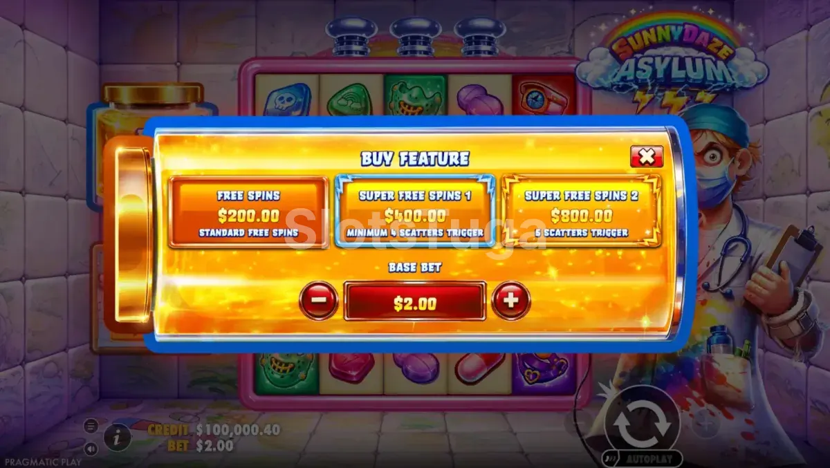 Tela de compra de bônus da Sunnydaze Asylum com as três opções disponíveis