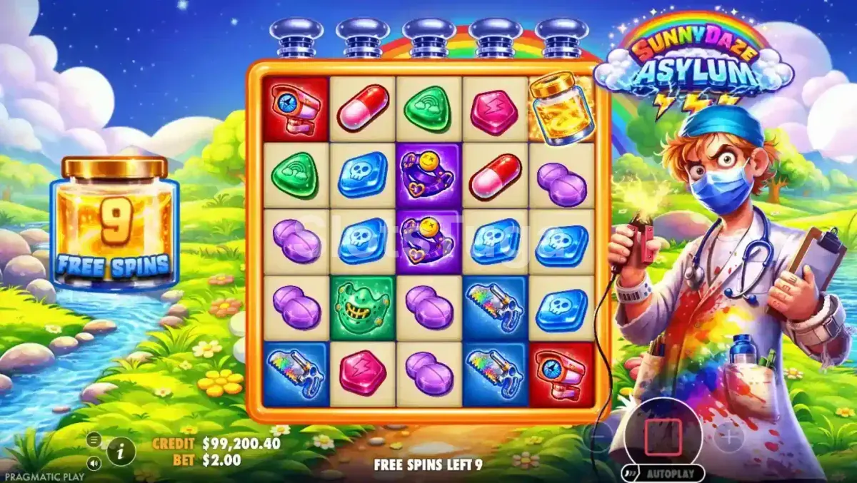 Tela de giros grátis da Sunnydaze Asylum com o visual psicodélico de flores e arco-íris