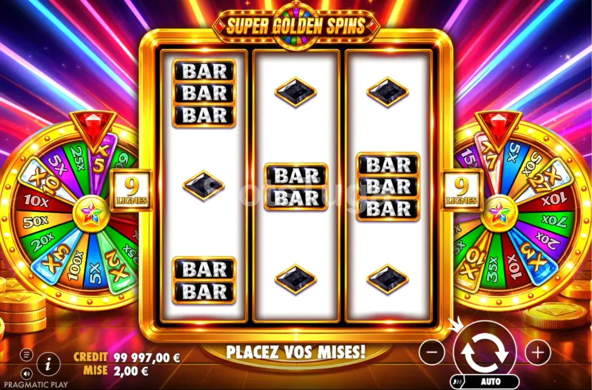Ecrã de jogo de Super Golden Spins com as rodas de prémios laterais