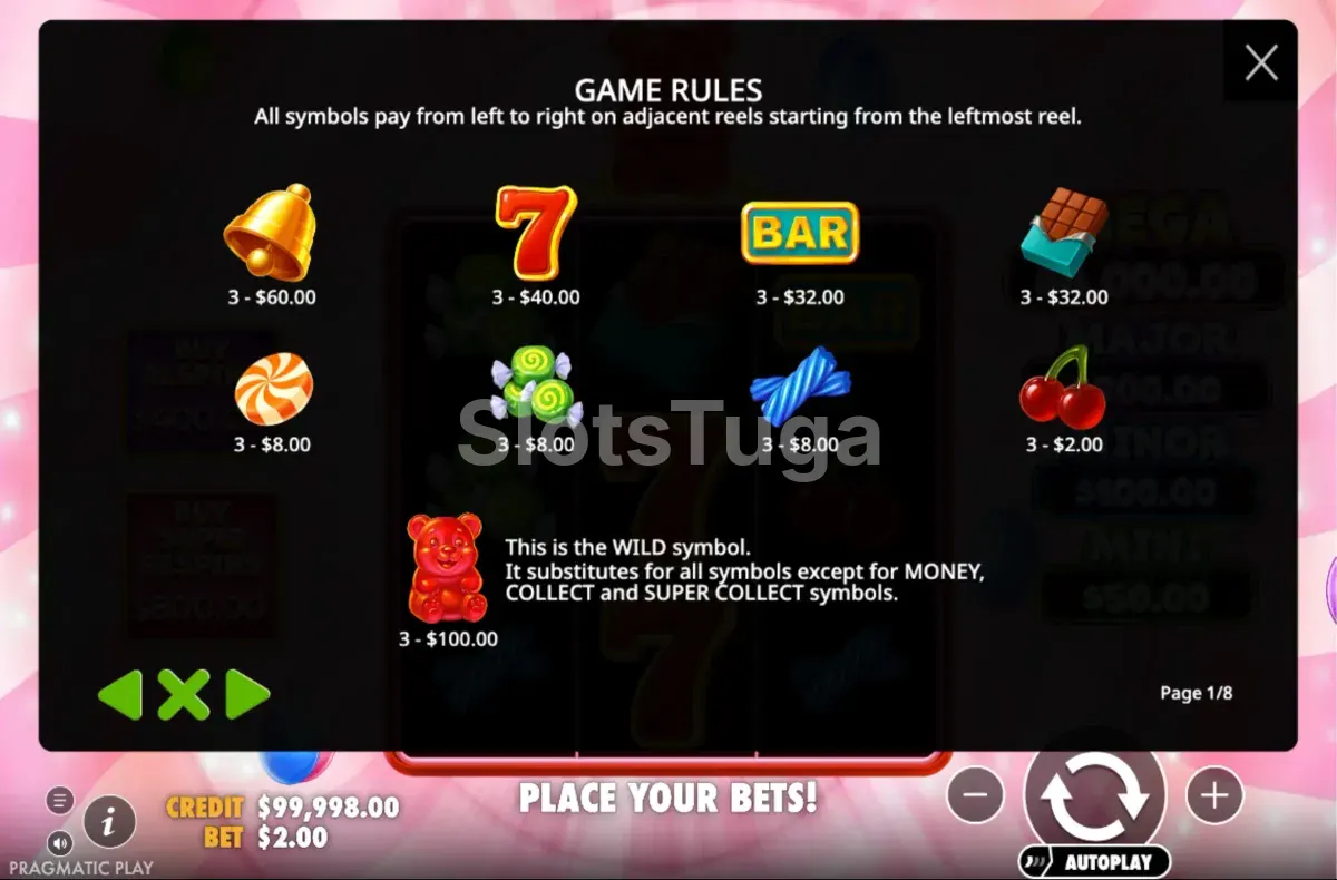 Tabela de pagamento do Super Gummy Strike com valores dos símbolos