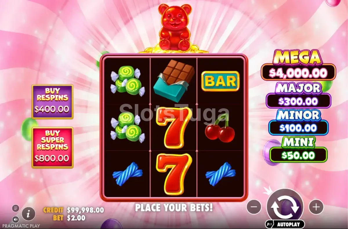 Tela inicial do Super Gummy Strike com grade 3x3 colorida