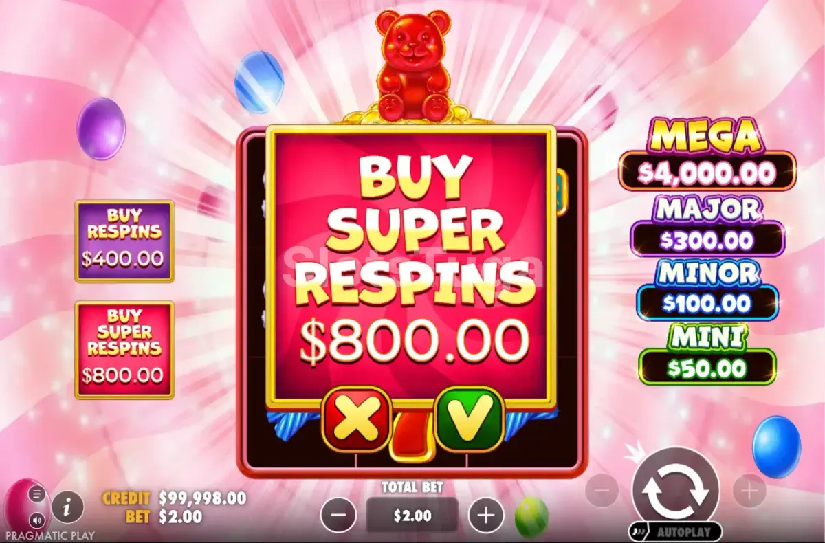 Tela de compra de bônus do Super Gummy Strike com opções de Bonus Buy