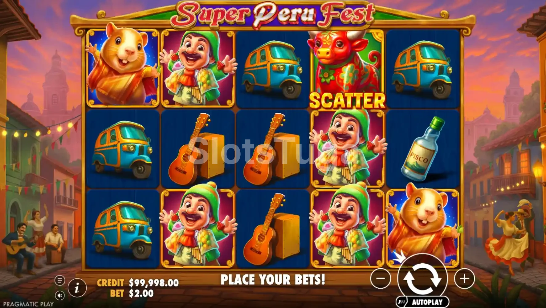 Tela principal da slot Super Peru Fest com cenário urbano peruano ao fundo