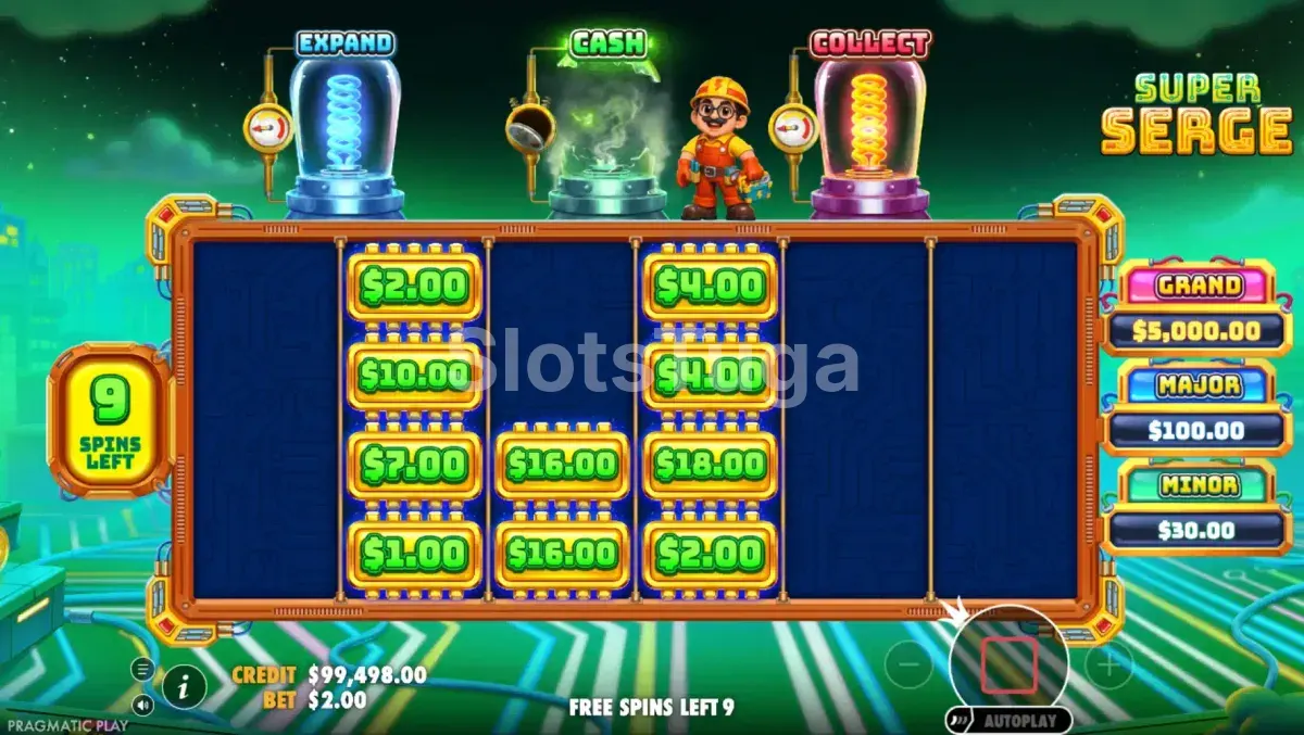Free Spins do Super Serge com símbolos de dinheiro acumulados na grade