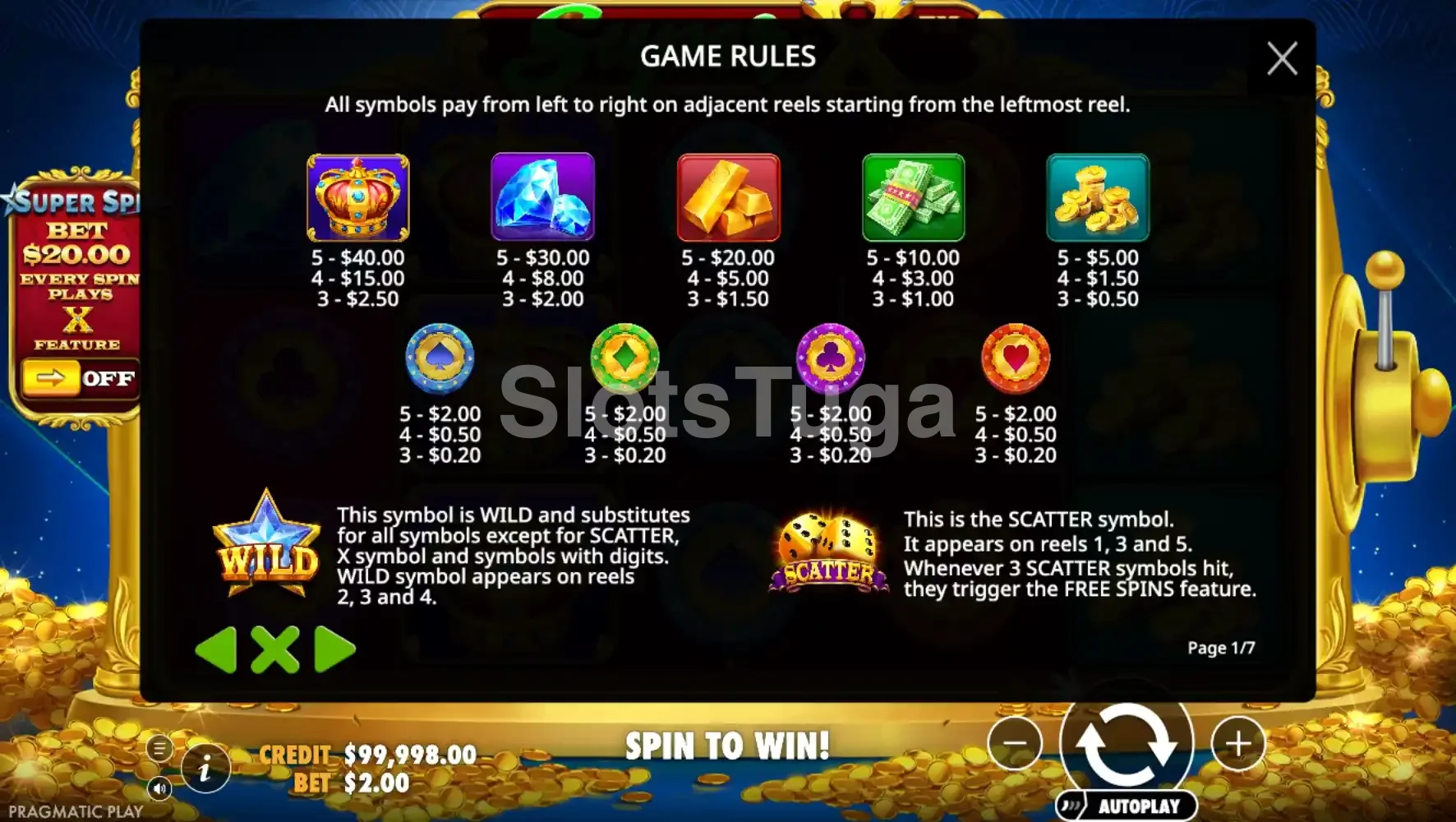 Tabela de pagamentos completa da slot Super X da Pragmatic Play