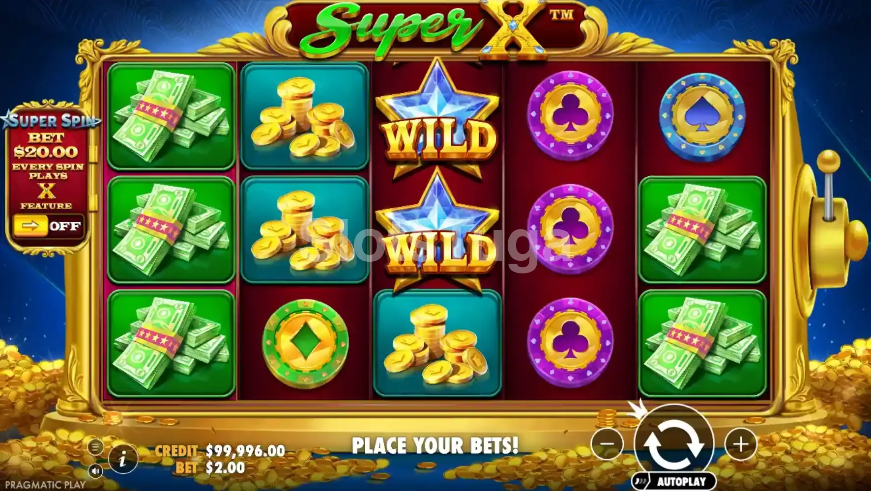 Segundo visual do jogo base da slot Super X com dígitos nos rouleaux
