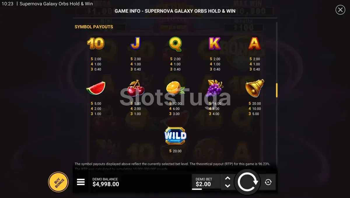 Tabela de pagamentos da Supernova Galaxy Orbs com símbolos clássicos