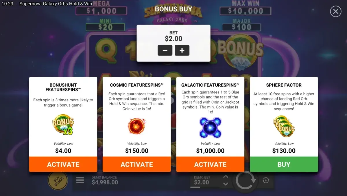 Menu de compra de bônus da Supernova Galaxy Orbs da Hacksaw Gaming