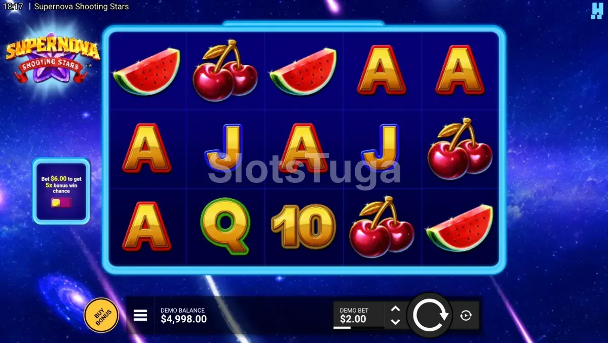 Jogo base de Supernova Shooting Stars com os rolos sobre um campo de estrelas