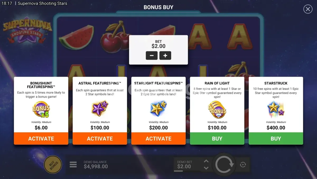 Ecrã de compra de bónus em Supernova Shooting Stars
