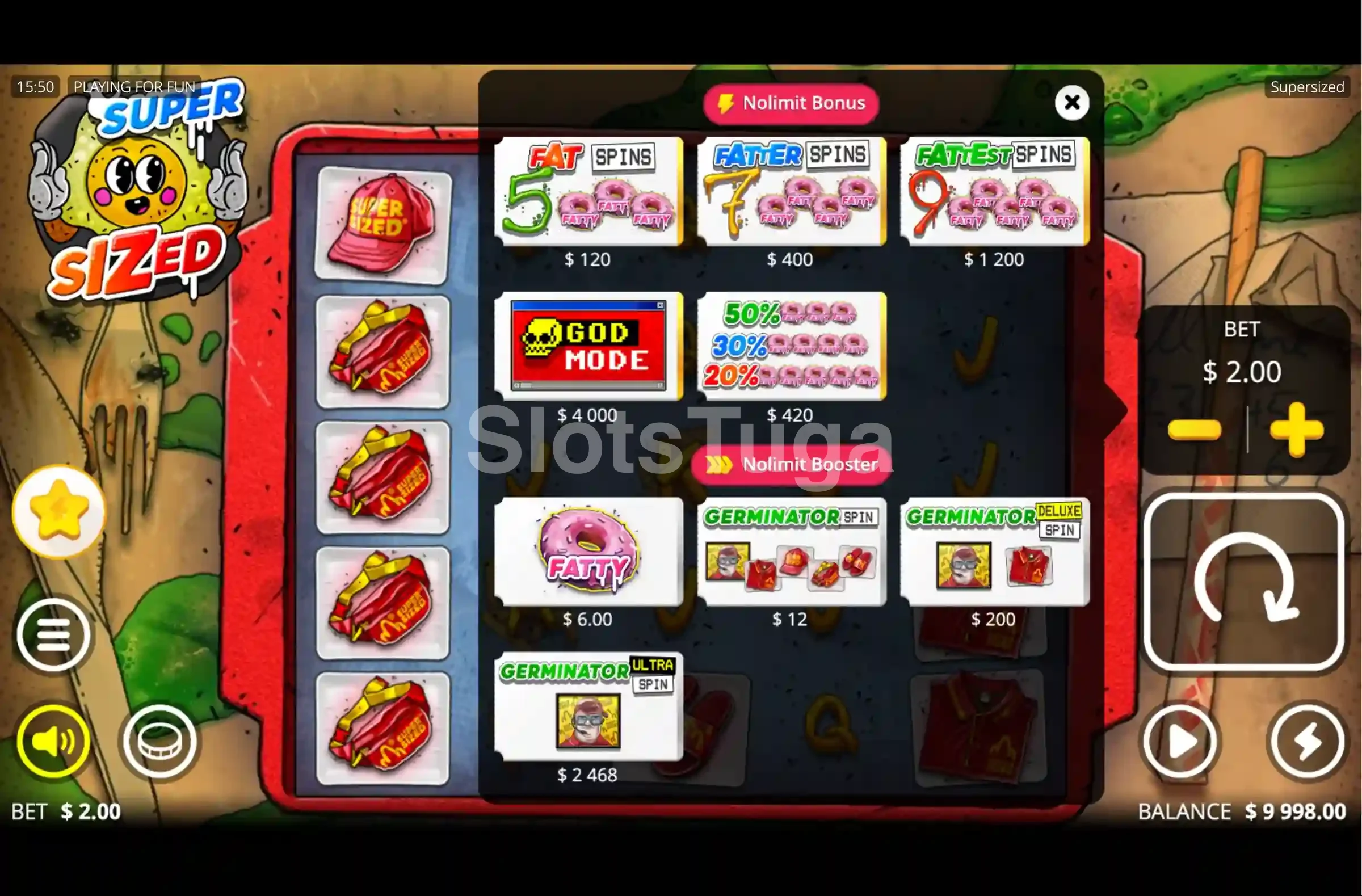 Tela de compra de bônus na slot Supersized da Nolimit City