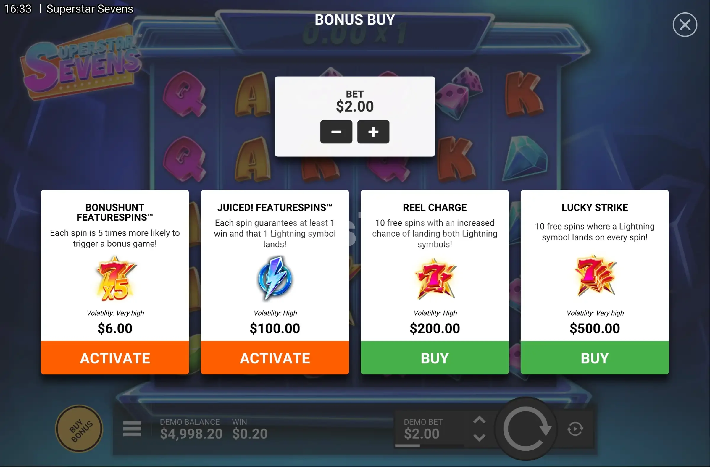 Tela de Bonus Buy da Superstar Sevens com opções de compra