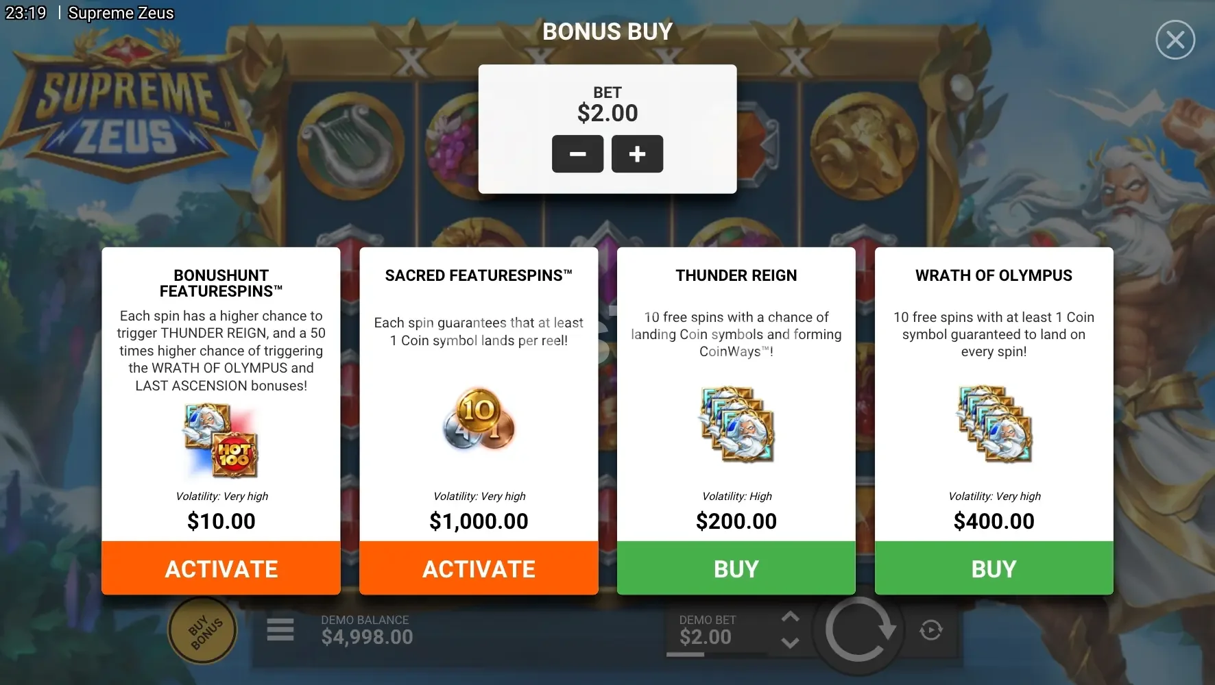 Menu de compra de bônus da Supreme Zeus