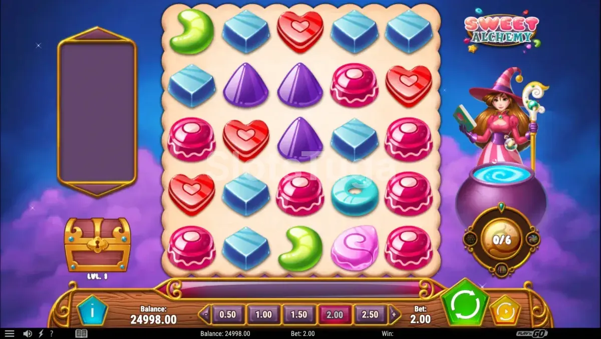 Tela inicial do jogo Sweet Alchemy com os rouleaux cheios de doces coloridos