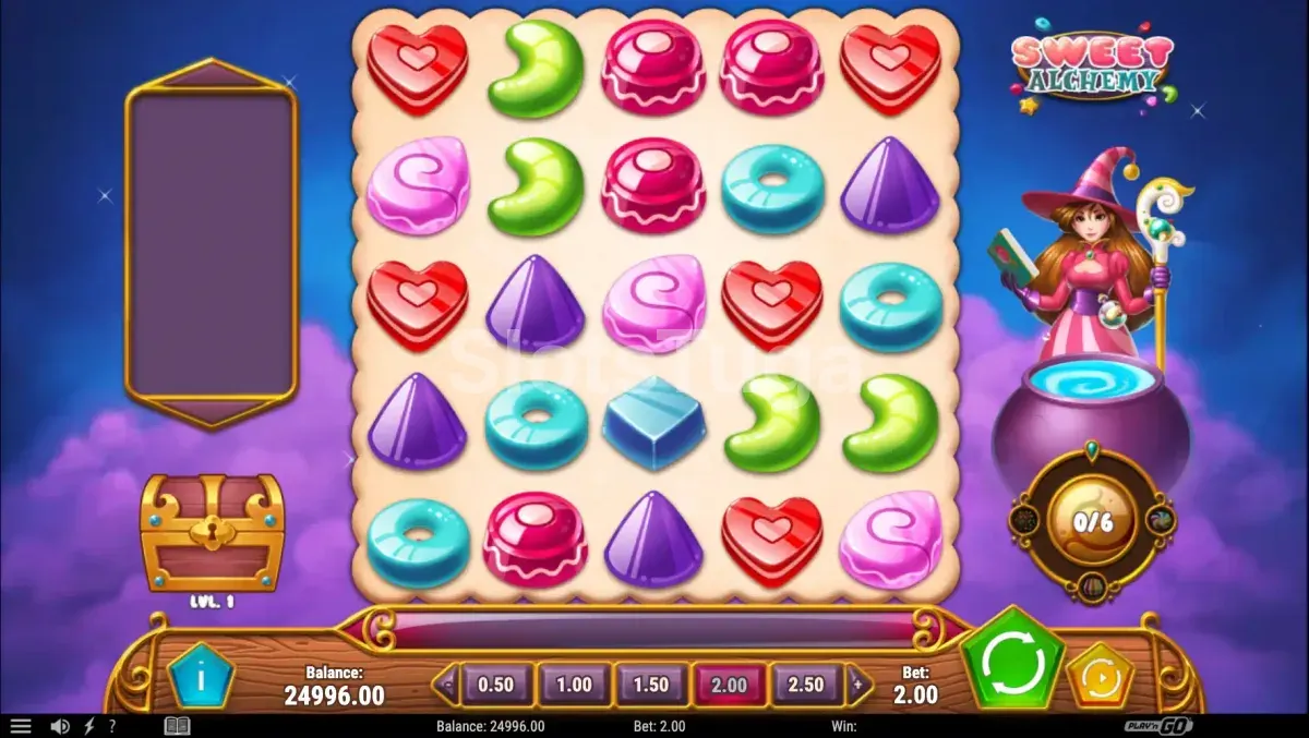 Sweet Alchemy em ação mostrando clusters de símbolos sendo formados no grid