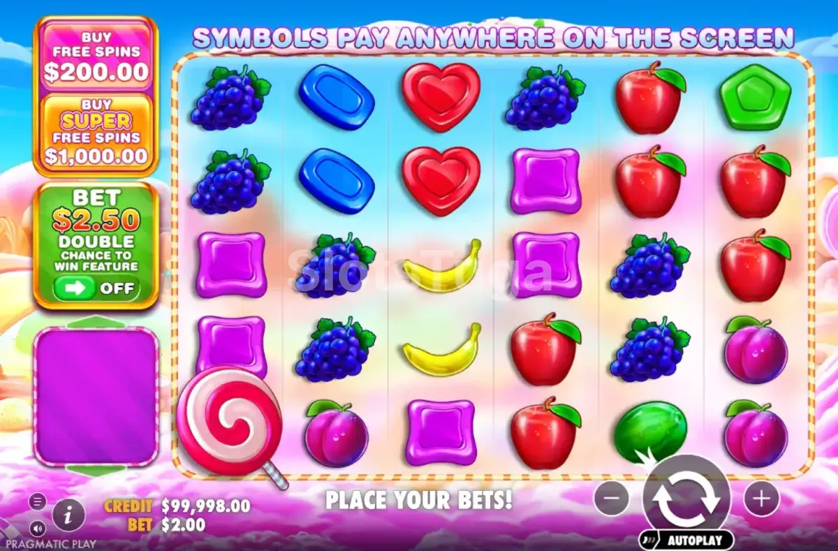 Tela principal do jogo Sweet Bonanza 1000 com frutas e doces coloridos