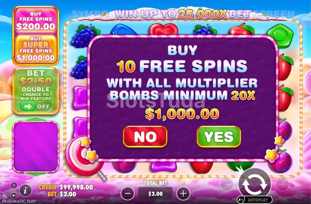 Tela de compra de bônus da Sweet Bonanza 1000 com opções disponíveis