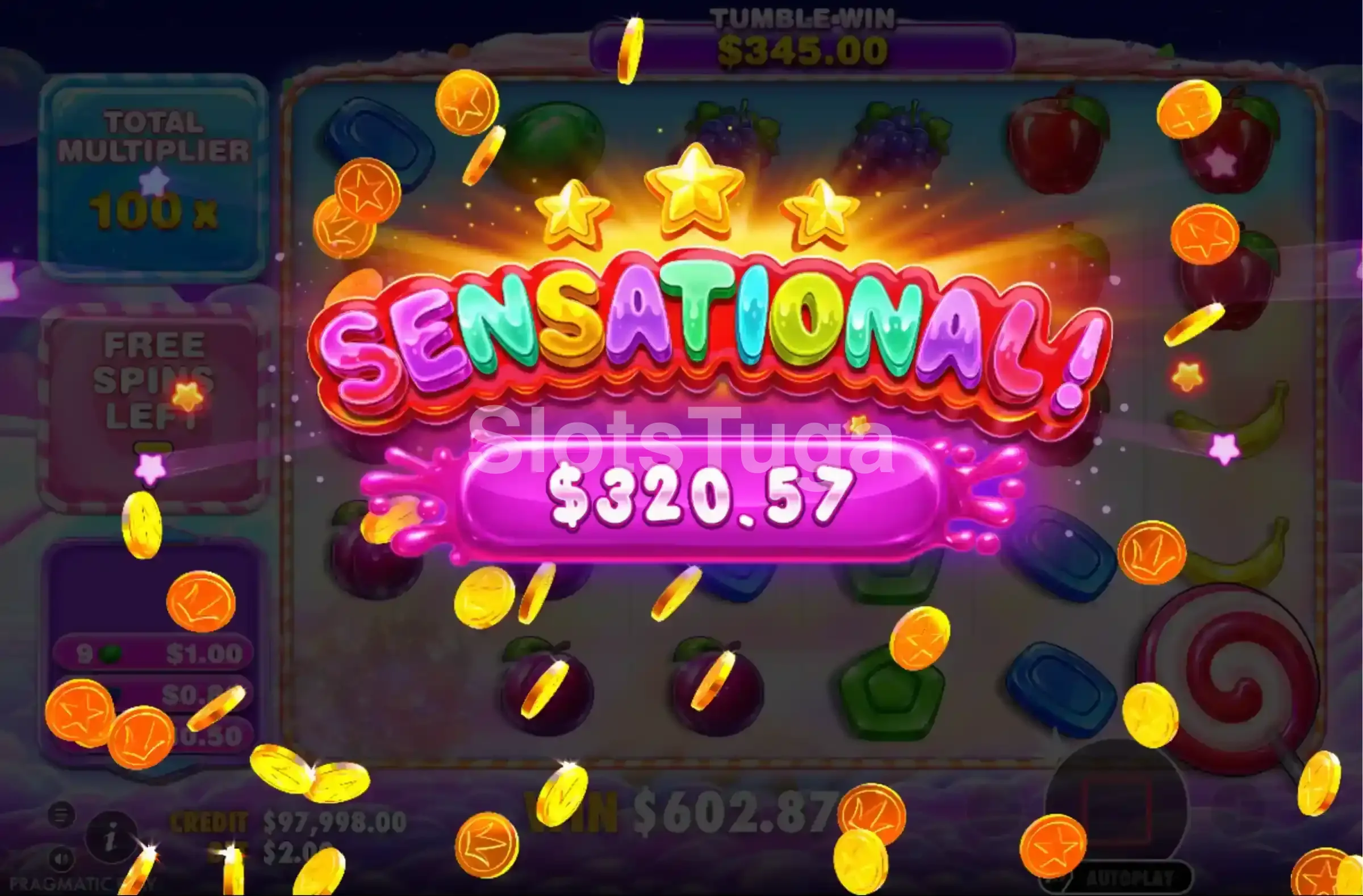 Tela de grande vitória no Sweet Bonanza 2500 com multiplicador explosivo