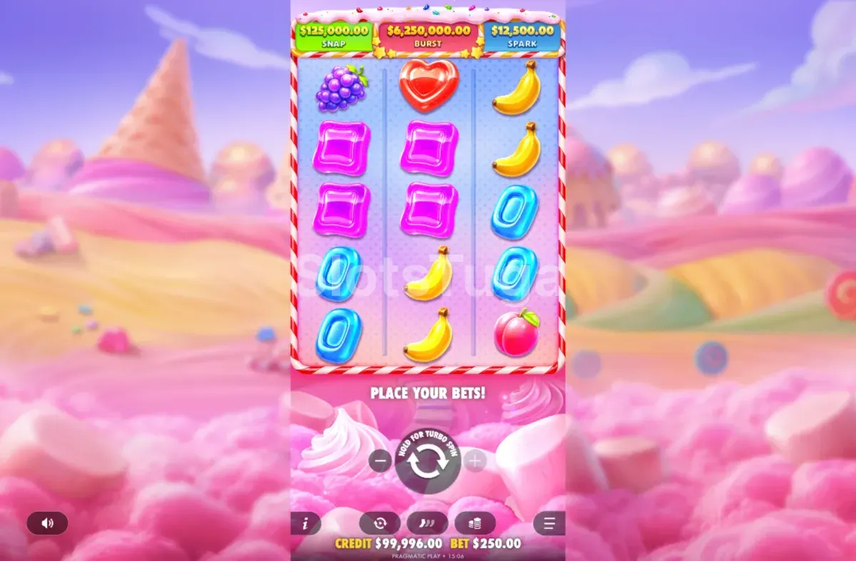 Jogo base da Sweet Bonanza POP com grelha de 3 rolos e 5 linhas
