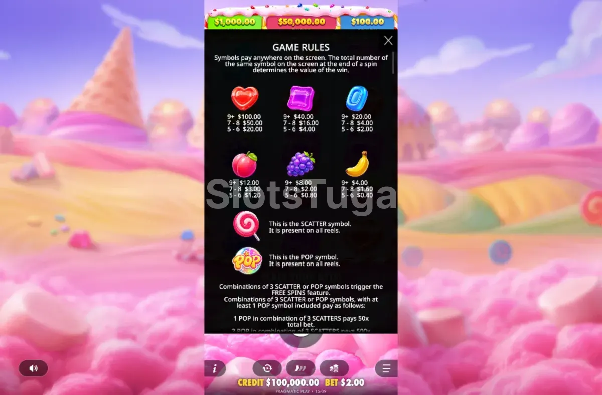 Tabela de pagamentos da Sweet Bonanza POP com valores dos símbolos