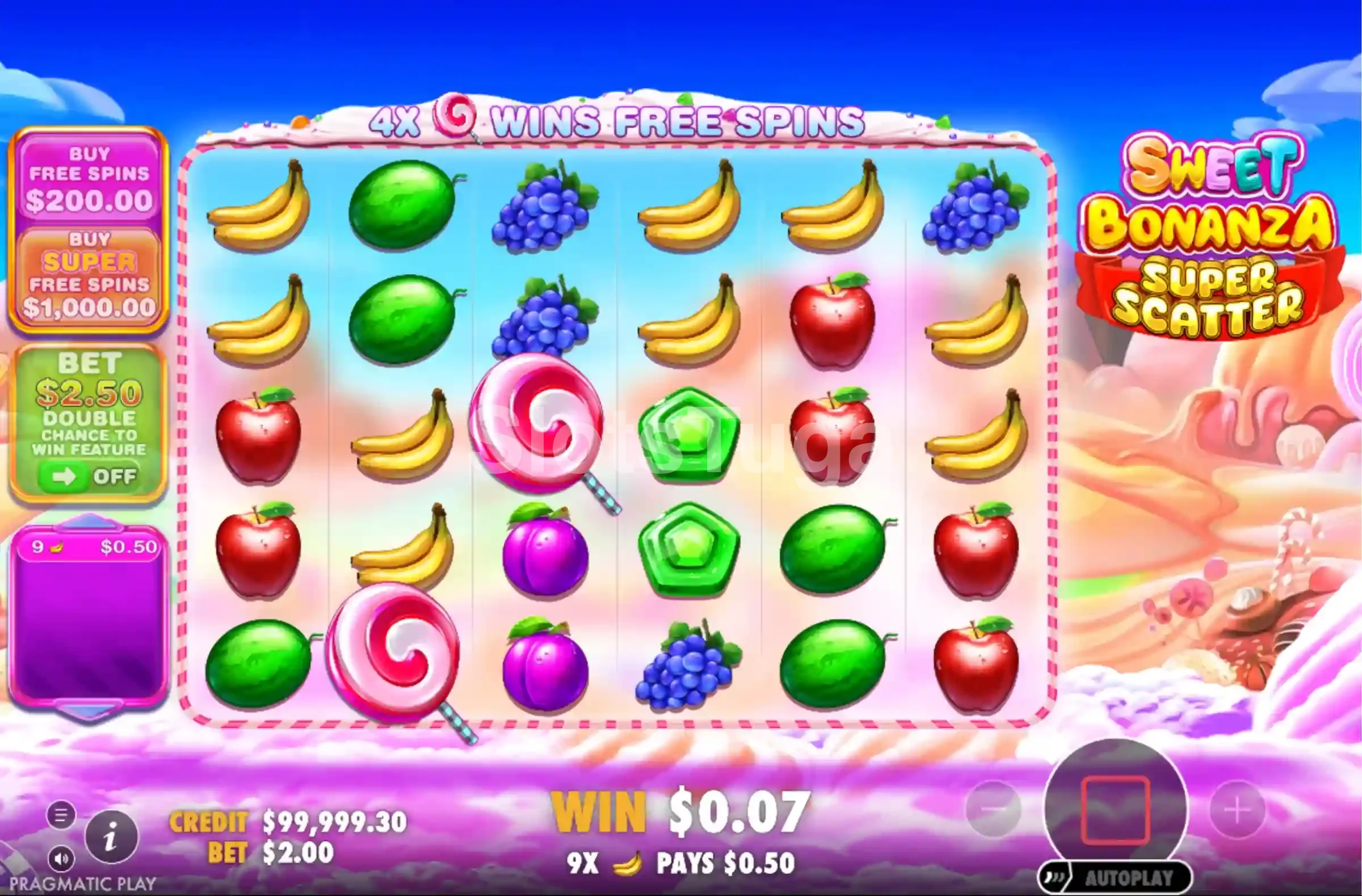 Tela principal do jogo Sweet Bonanza Super Scatter com frutas coloridas nos rouleaux