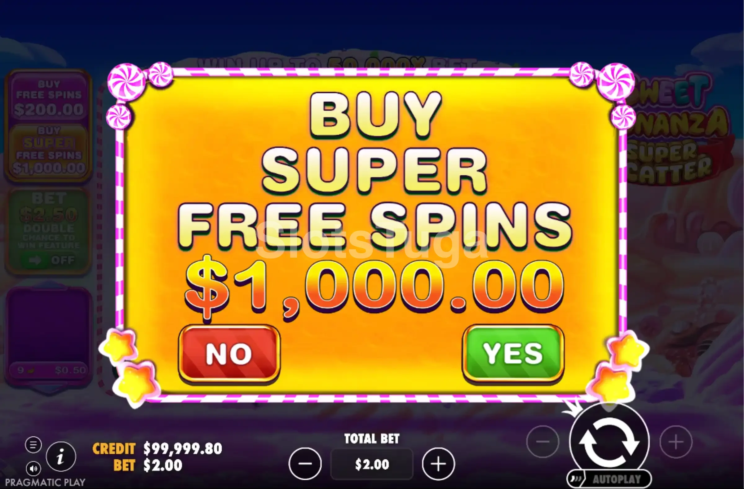 Opção de Bonus Buy disponível na Sweet Bonanza Super Scatter da Pragmatic Play
