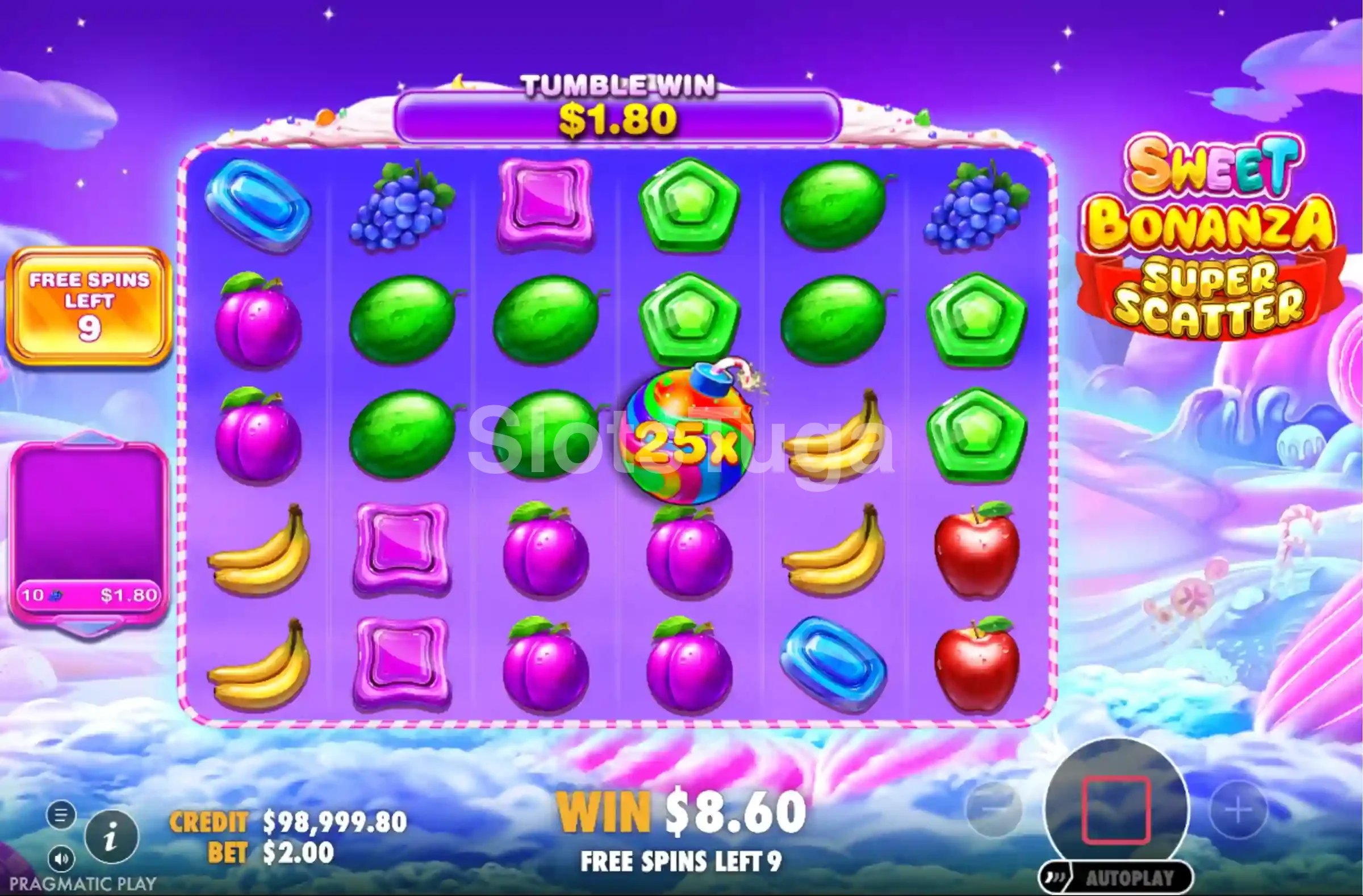 Modo de free spins ativado na Sweet Bonanza Super Scatter com multiplicadores acumulando